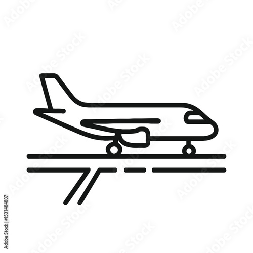 Side view airplane on runway map icon in black line style