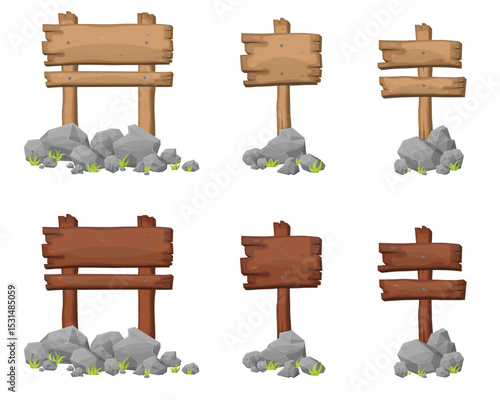 Collection of six cartoon wooden signs each uniquely designed and displayed propped on rocks with small patches of grass around their bases.