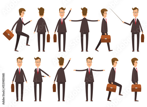 Collection of a businessman in various poses: walking, holding briefcase, pointing, greeting, with arms outstretched, and more. Flat design.