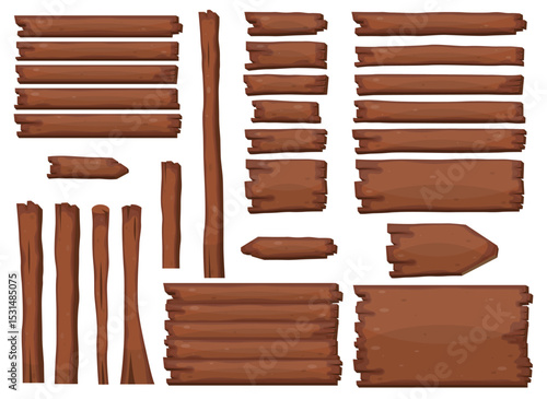 Assorted wooden planks and posts in various sizes and shapes, arranged on a white background, showcasing wood textures and design elements.