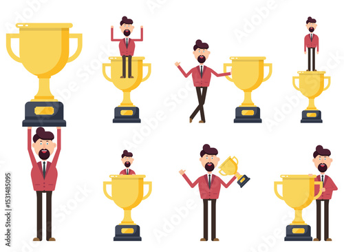 Celebrating victory with trophies. Man in a suit with different poses with the awards. Success represented by characters and cup awards.