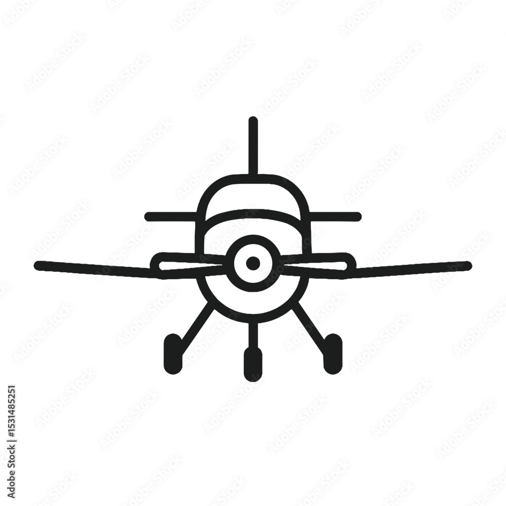 Obraz premium Front view single-engine airplane icon in black line on white