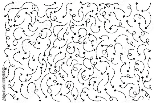Dynamic array of curved, dotted arrows pointing in different directions, creating a textured and directional background or pattern.