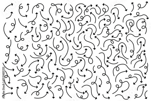 A chaotic collection of hand-drawn style arrows, each winding and turning in a different direction on a white background, black lines.