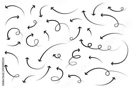 A diverse set of hand-drawn arrows showcase various shapes and directions. Vector illustration on a white background for navigation or design.
