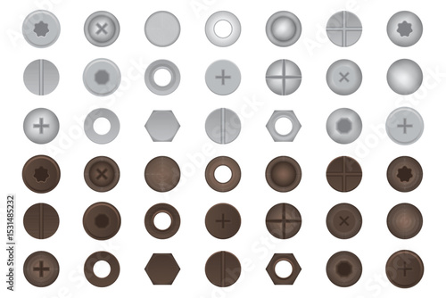 Assorted metallic and bronze fasteners: screws, washers and rivets. A collection of hardware components in a grid pattern.
