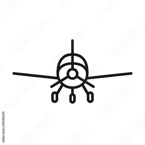 Front view icon of single-engine airplane in black line on white