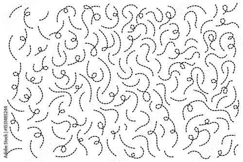 Dashed lines create an abstract pattern with curls and bends on a white background, offering a versatile design resource. 
