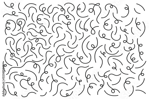 Dynamic black line art: A chaotic yet harmonious dance of loops and curves on a pristine white canvas creates a visually engaging texture.