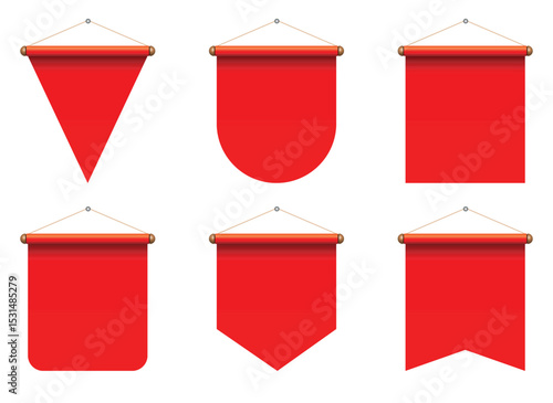 A collection of six differently shaped, red pennants hanging from cords. The pennants offer varied designs, for a diverse range of choices.