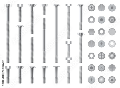 Assorted metal fasteners including bolts, screws, nuts, and washers of varying sizes and head types, suitable for a range of construction uses.