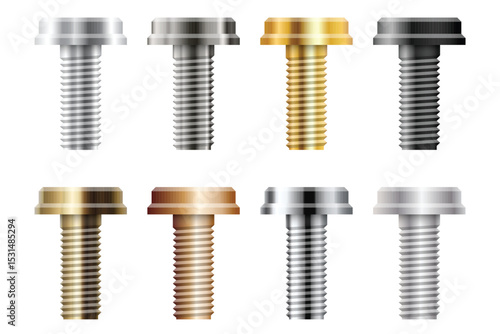 Varied metal screws on a white background: silver, gold, bronze, and black. Diverse fasteners for secure joining in various materials.