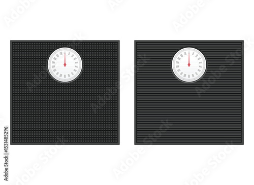 Two square bathroom scales are displayed, both with red needles pointing to the center. One has a textured surface and the other has ridges.