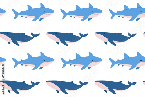 Mixed seamless pattern with sharks and orcas swimming together. Great for marine projects, children’s products and wallpaper