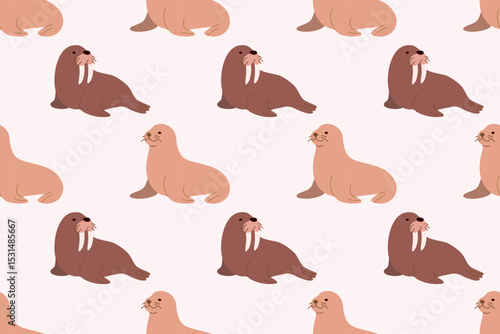 Cute seamless pattern with walruses resting on a white background. Ideal for arctic animal designs, kids projects and prints