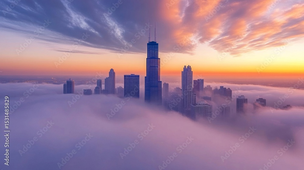 Obraz premium Fog Shrouded Cityscape at Sunrise with Towering Buildings in Melbourne Australia