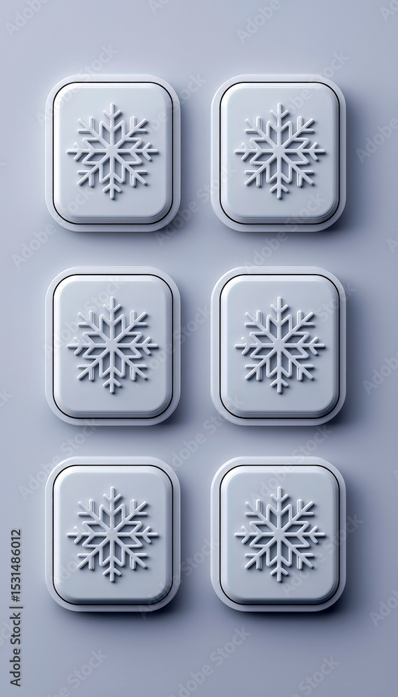 Six white frosted glass freezer temperature control buttons with snowflake icons arranged in a grid on a light blue background Six white frosted glass freezer temperature control buttons with snowflake icons arranged in a grid on a light blue background
