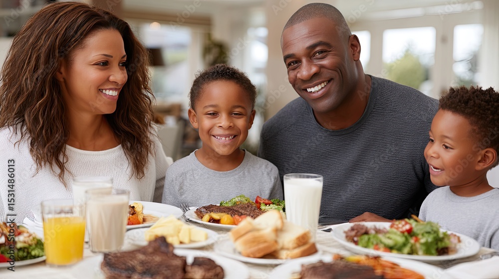 Happy family of four shares a delightful meal with laughter, enjoying fruits, meats, and beverages in a cozy dining setting Happy family of four shares a delightful meal with laughter, enjoying fruits, meats, and beverages in a cozy dining setting
