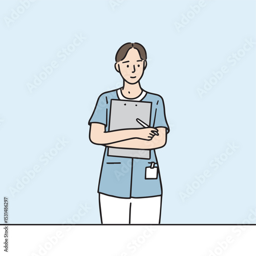 A female nurse is standing with a medical chart in her arms. Hand-drawn medical person vector elements