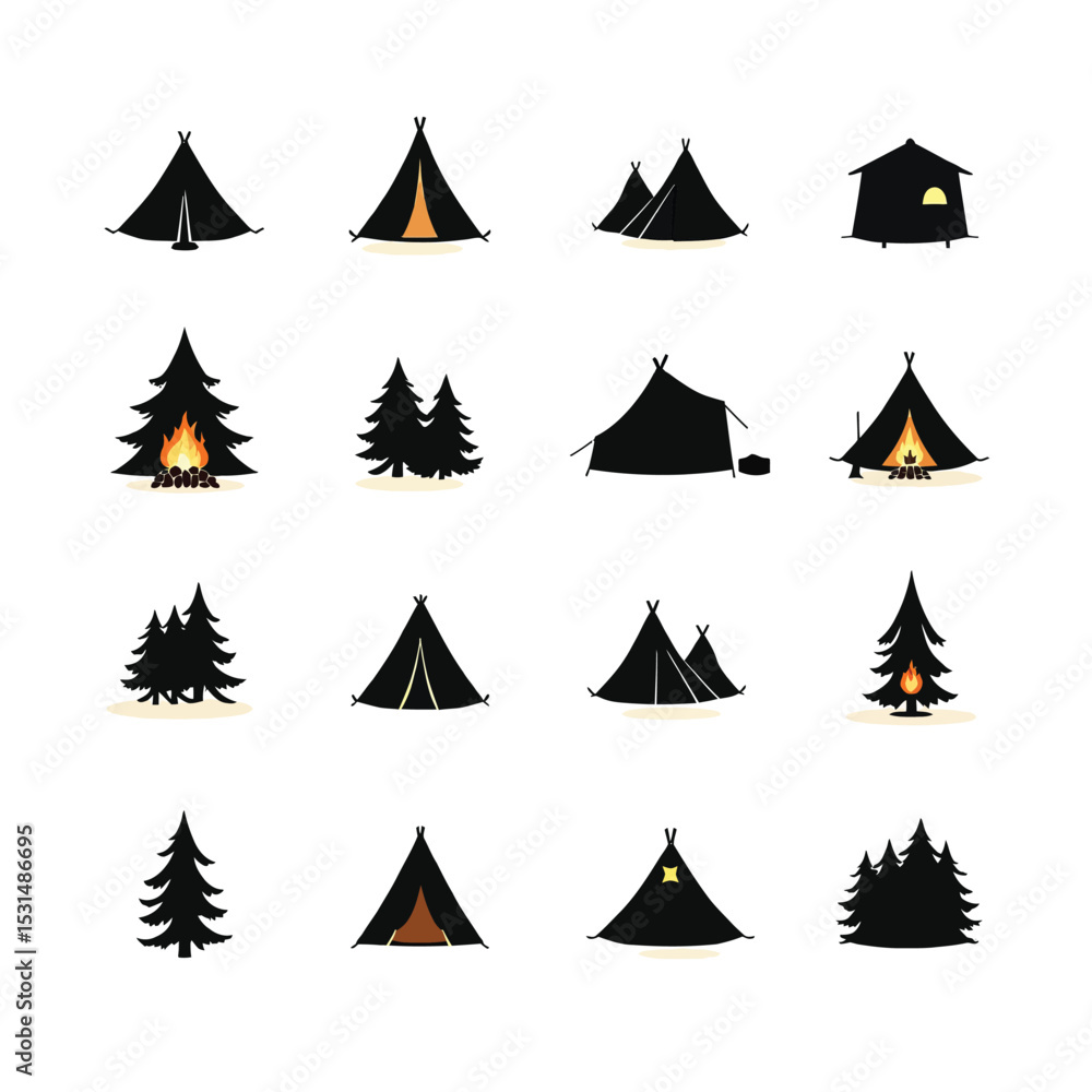 Fototapeta premium Camping elements set silhouettes tents trees campfire