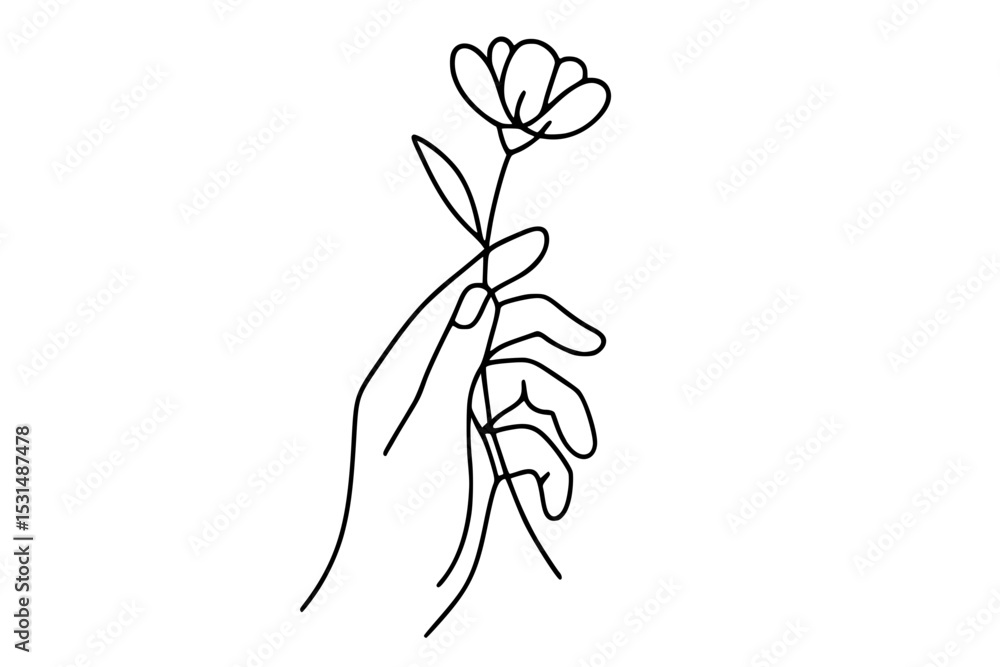 Obraz premium Hand Holding a Single Flower Line Drawing