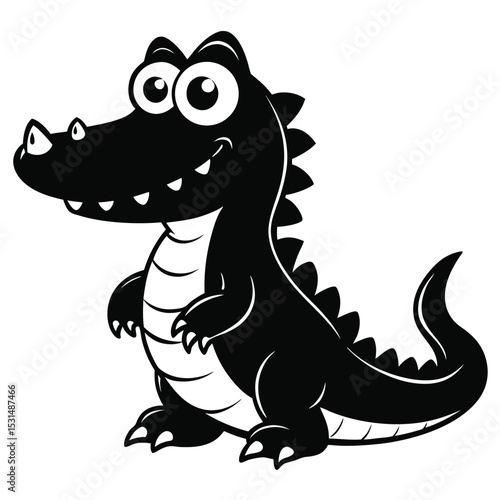 Monochrome cute cartoon alligator happily smiles with big eyes and playful spines throughout his back