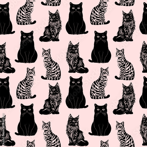 Seamless pattern with black and tabby cats in various poses on a pink background in minimal monochrome style