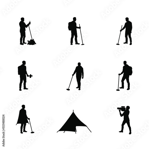 Camping set silhouettes men hiking exploring nature