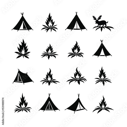 Camping set silhouettes teepee fire flames wilderness adventure