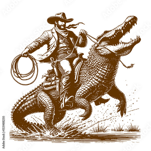 Cowboy Riding Crocodile Wild West Vector Illustration