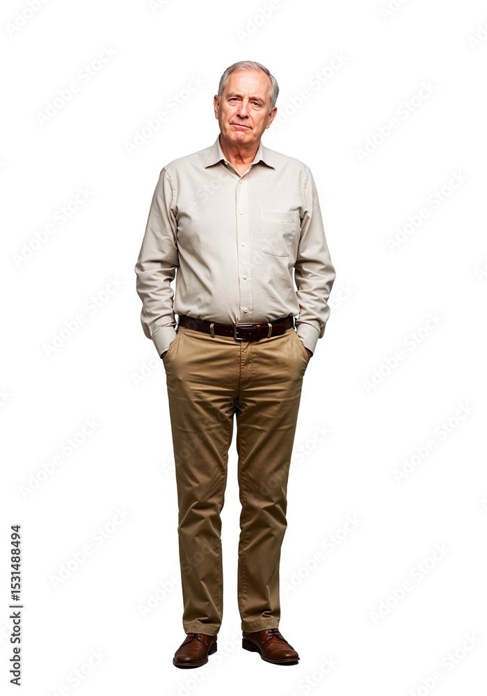 Disinterested older man standing with hands in pockets against white background Disinterested older man standing with hands in pockets against white background