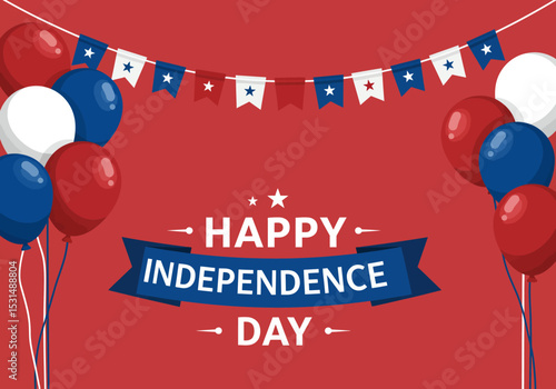 Celebrating Independence Day with patriotic balloons and bunting on red background with clean vector
