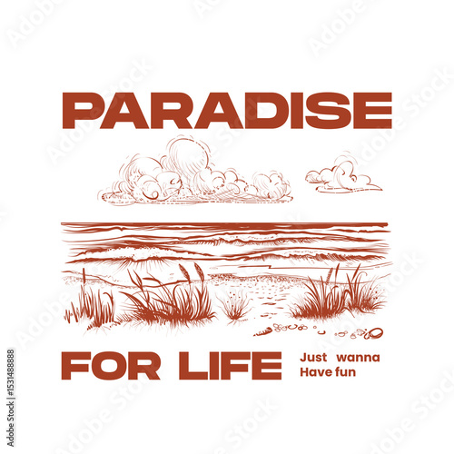 Beach Paradise Vintage T-Shirt Design – Coastal Landscape Sketch Typography