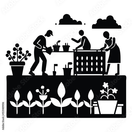 Black and white illustration of a balcony garden with city skyline and flying birds