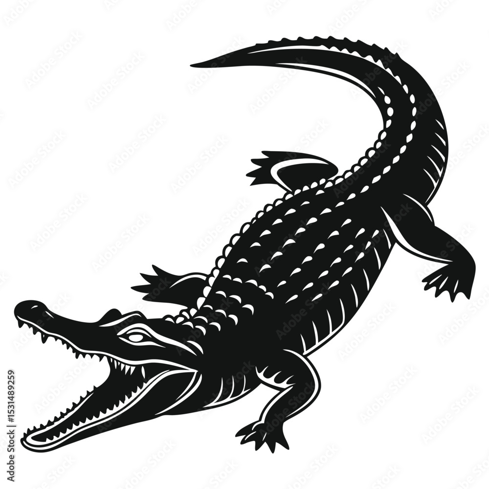 Fototapeta premium shows a black alligator opening its mouth and displaying dangerous teeth