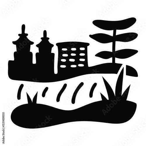 Silhouette of a japanese landscape featuring pagodas buildings and vegetation