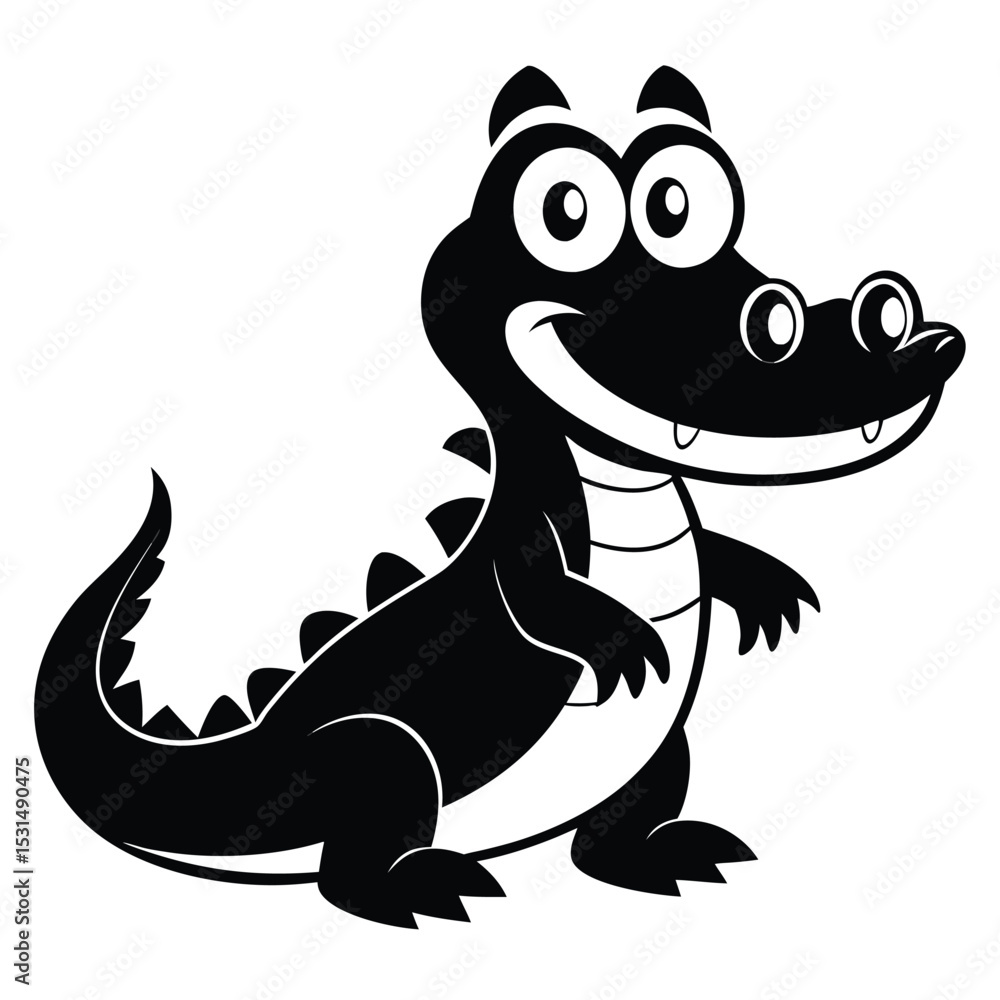 Naklejka premium Smiling cartoon alligator features bold, black and white contrasts that bring out its playful persona