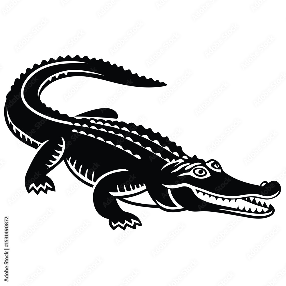 Obraz premium Solid black alligator prowls, showcasing sharp teeth and textured skin, creating a powerful silhouette