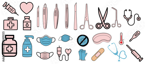 Hand-drawn pastel color medical and healthcare icon set including tools, masks, and symbols