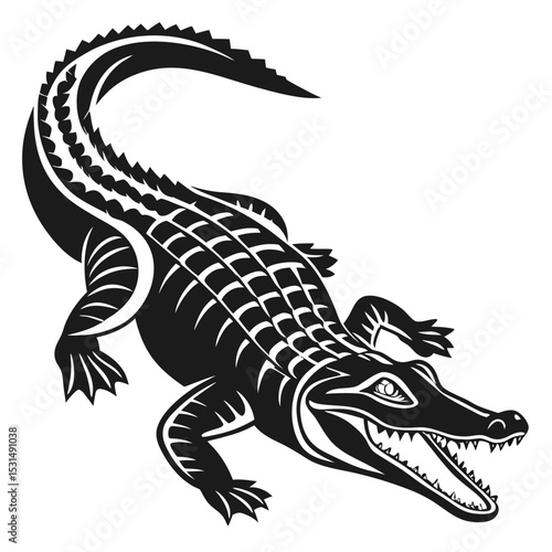 Striking black alligator showcases its powerful form and toothy grin on a white background