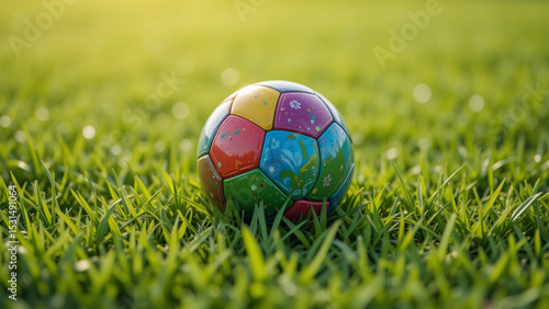 Colorful ball are playfully scattered across a green soccer field, blending the festive spirit with the love of the game