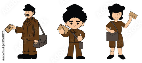 Cartoon illustration of male and female postmen holding letters with mailbags in flat design
