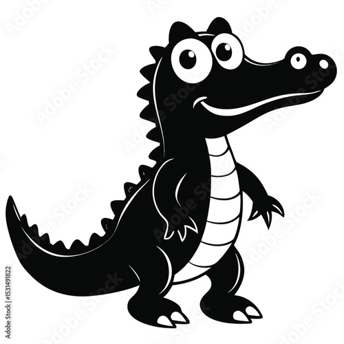 The black crocodile stands happily, displaying cute cartoonish features on a clean white background