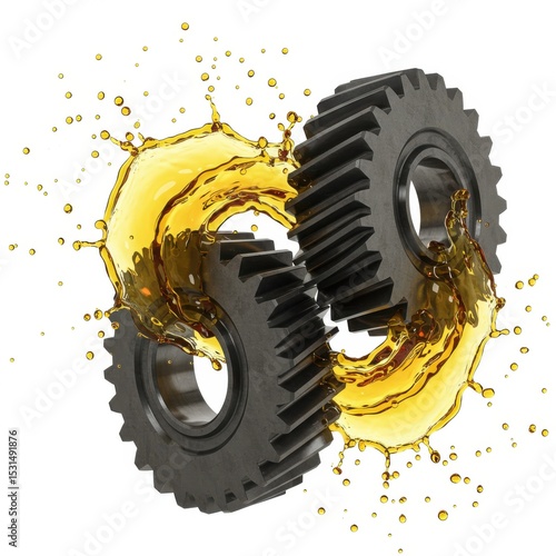 Two metal gears with golden oil splash isolated on white background