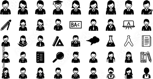 set of Man girl students classmates pictogram icon in a collection with other items

