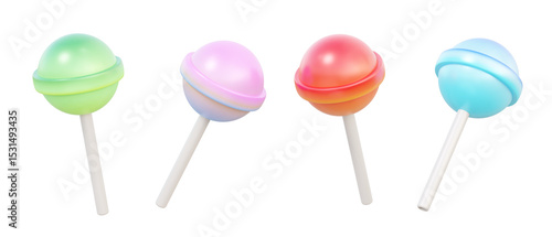 Set of lollipop colorful on isolated background. sweet glassy cute cartoon design food kids, childhood birthday summer concept. 3d render illustration