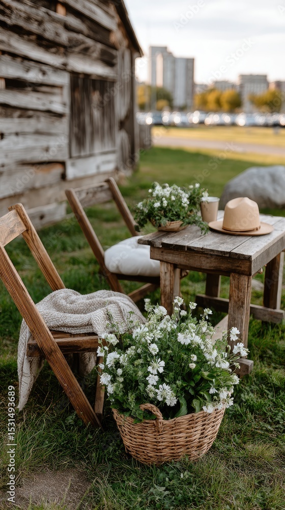 Fototapeta premium Charming backyard garden features rustic wooden chairs, straw baskets with flowers, and a boho-chic picnic setup beside a barn