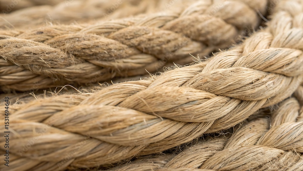 Close up macro view of thick natural braided rope texture showing fibrous surface detail and rustic nautical appeal Close up macro view of thick natural braided rope texture showing fibrous surface detail and rustic nautical appeal