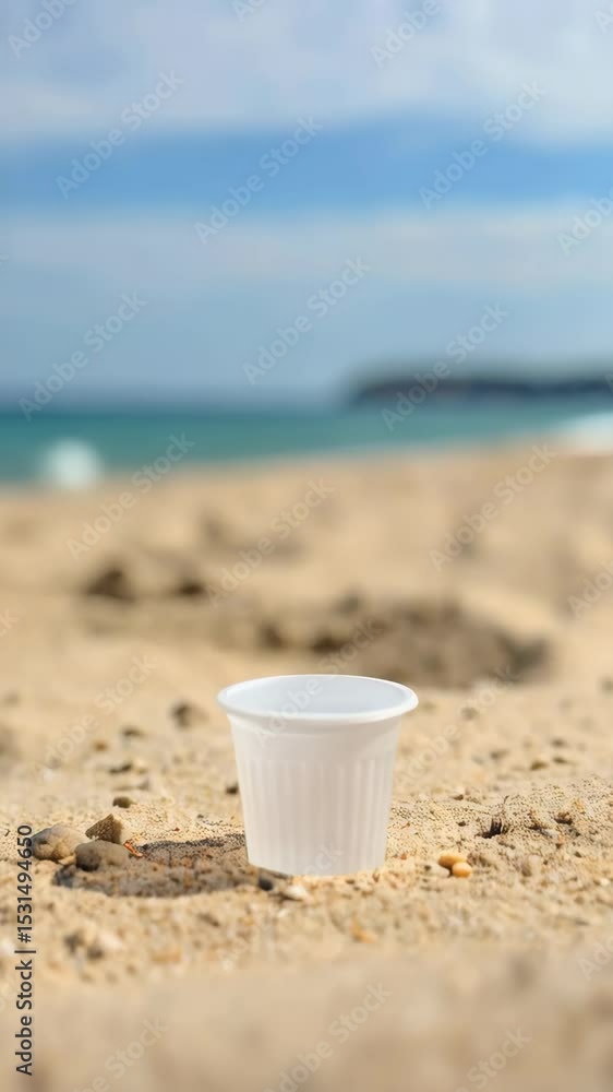 Plastic cup abandoned on sandy beach shore with turquoise ocean waters under blue sky creating pollution issues Plastic cup abandoned on sandy beach shore with turquoise ocean waters under blue sky creating pollution issues