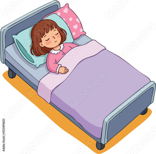 Girl sleeping peacefully in hospital bed with pink and purple bedding vector illustration 
